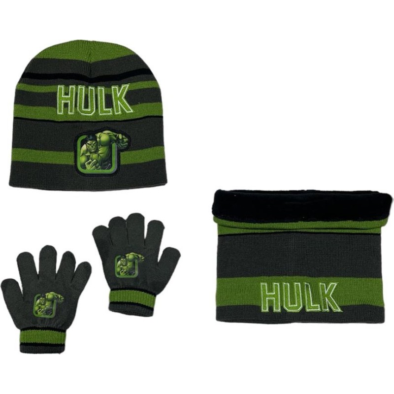 Set 3 pièces Bonnet + Snood + gants Hulk Marvel Couleur Noir